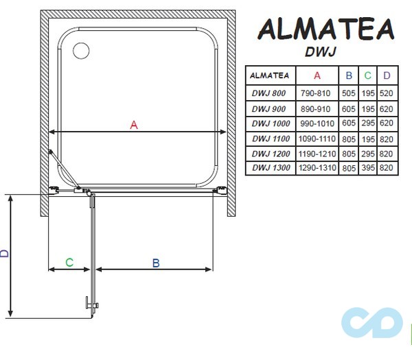 чертеж Душевая дверь Radaway Almatea DWJ 120 правая 31502-01-01N