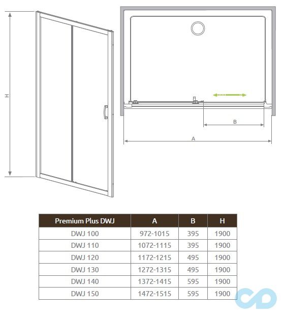 чертеж Душевая дверь Radaway Premium Plus DWJ 100 (33303-01-01N)