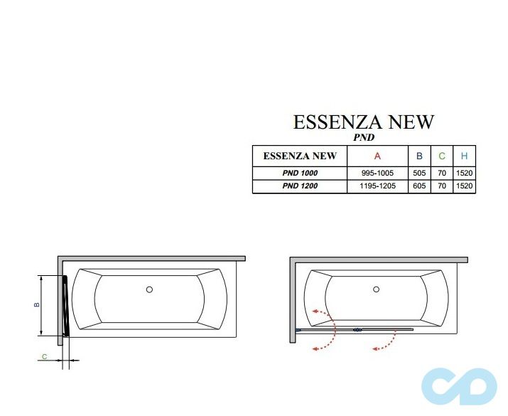 креслення Шторки на ванну Radaway Essenza New PND 100 ліві (207210-01L
