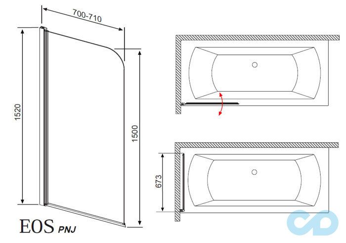 техническая схема Шторкa для ванны Radaway Eos PNJ правая (205102-101R)
