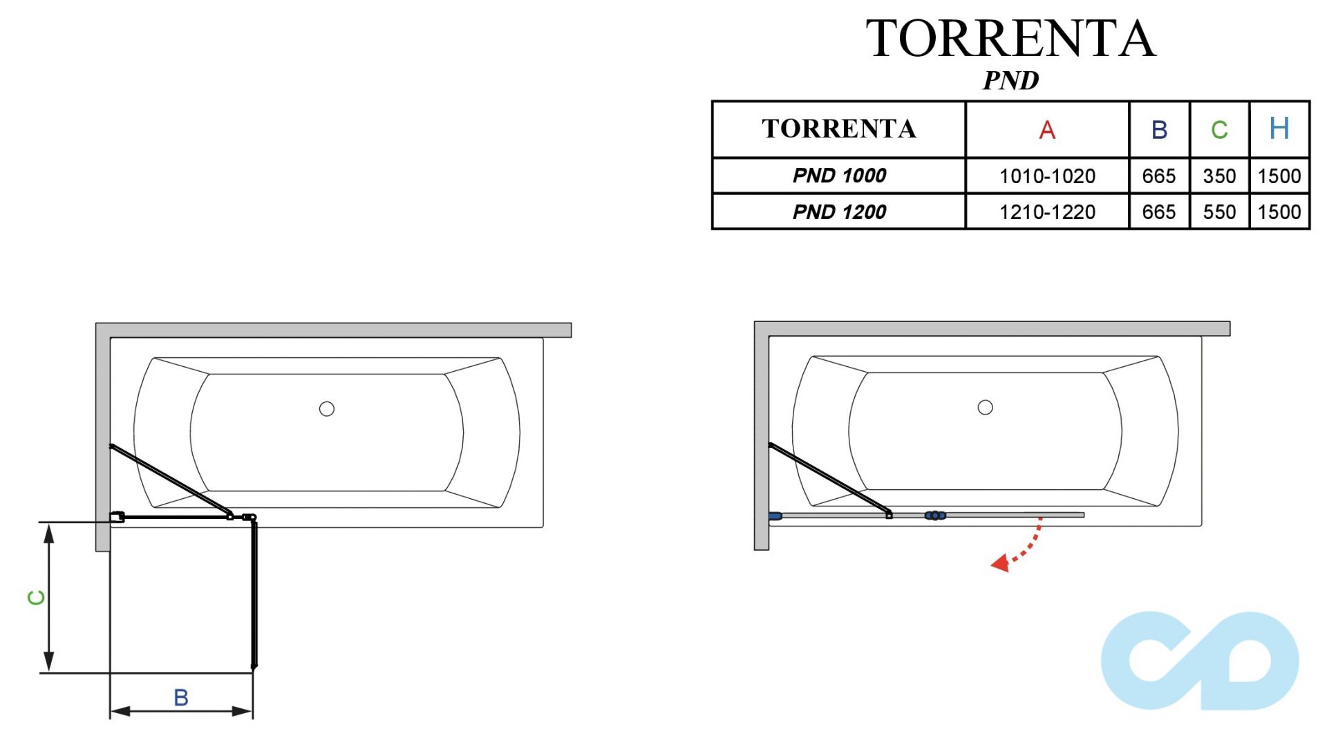 креслення Шторка для ванни Radaway Torrenta PND ліва (201202-101NL