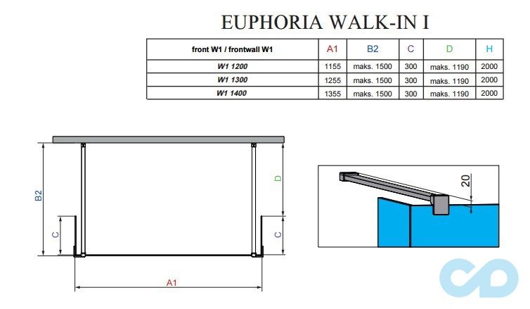 чертеж Душевая кабина Radaway Euphoria Walk-in I 115+SW (383144-01-01+383160-01-01)