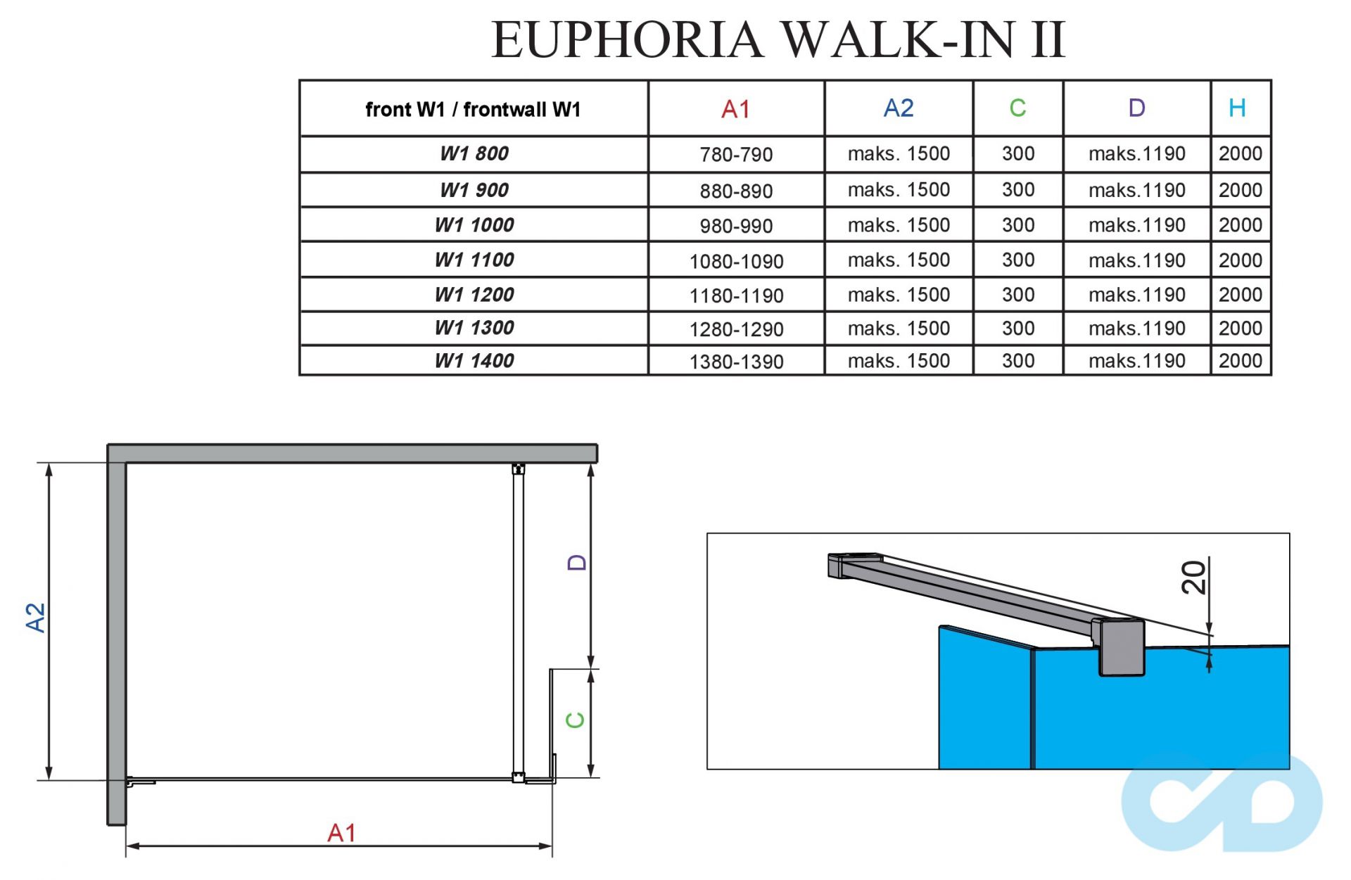 креслення Душова кабіна Radaway Euphoria Walk-in II W3 80 + SW (383130-01-01, 383160-01-01