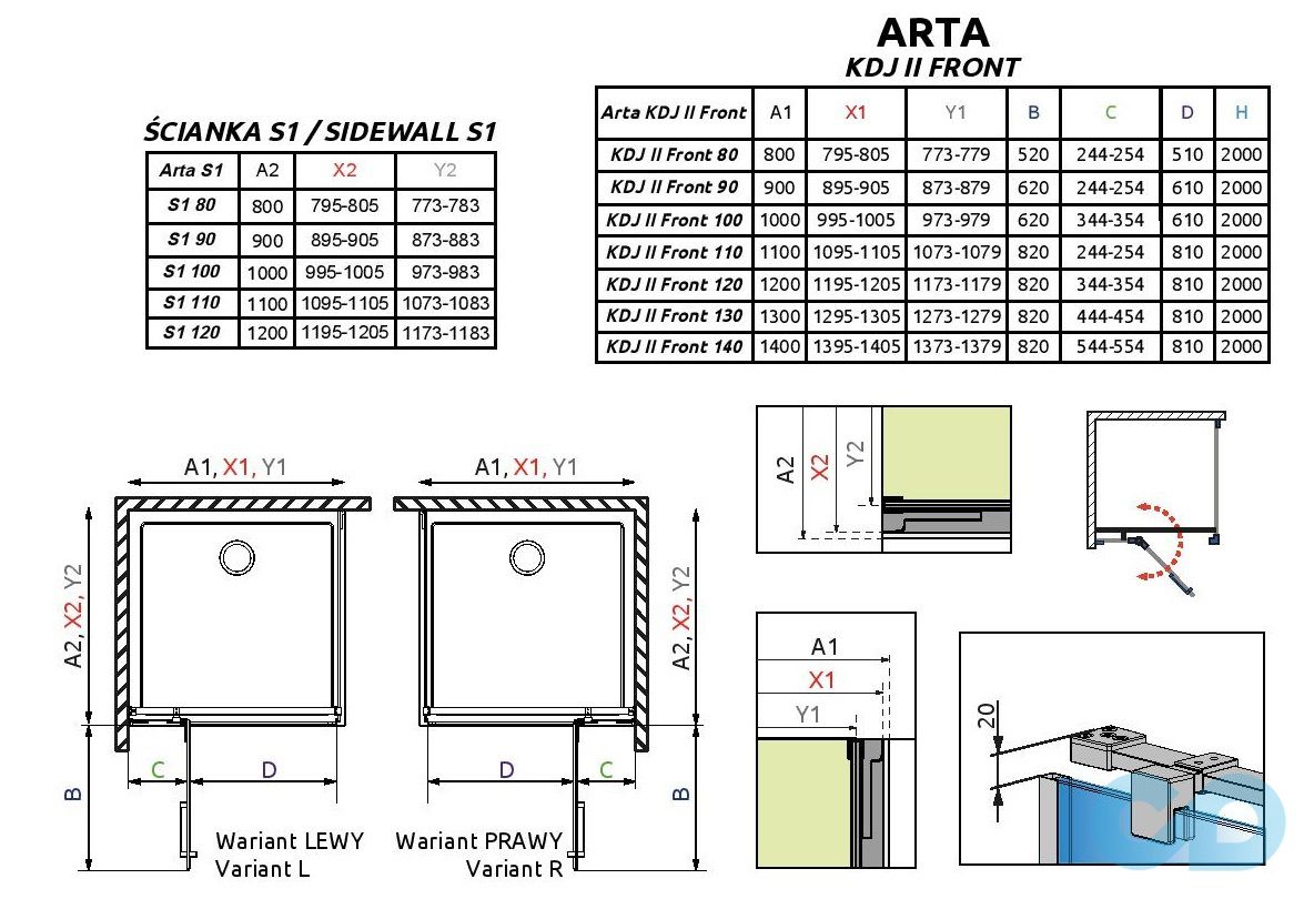 креслення Душова кабіна Radaway Arta KDJ II 80 передня стінка 223 + двері G 520 (ліва) + S1 80 (386420-03-01L + 386040-03-01L + 386020-03-01