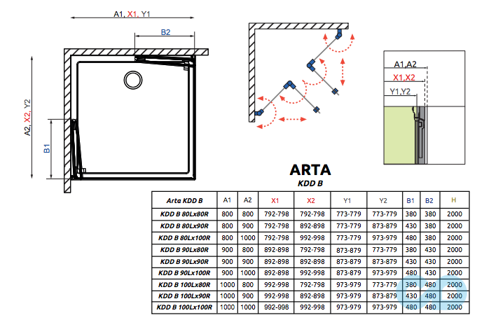 чертеж Душевая кабина Radaway Arta KDD B 90x100 c двойной дверью (386161-03-01L + 386162-03-01R)