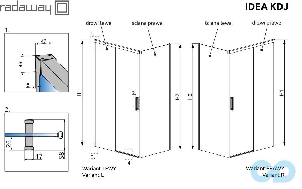 техническая схема Душевая кабина Radaway Idea KDJ 130 х 100 (387043-01-01L + 387052-01-01R)