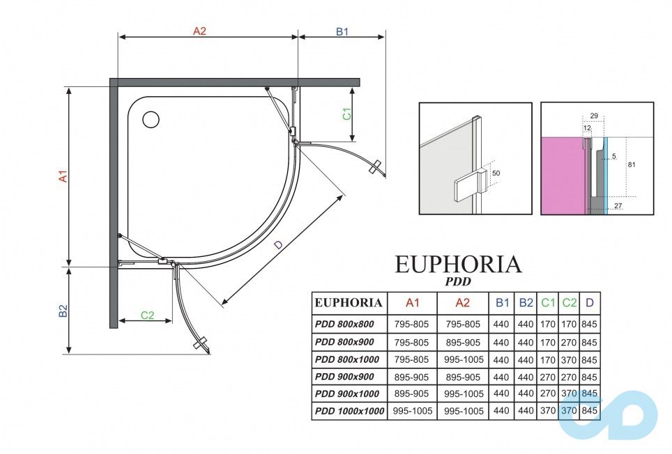 креслення Душова кабіна Euphoria PDD 80 (383002-01L + 383002-01R
