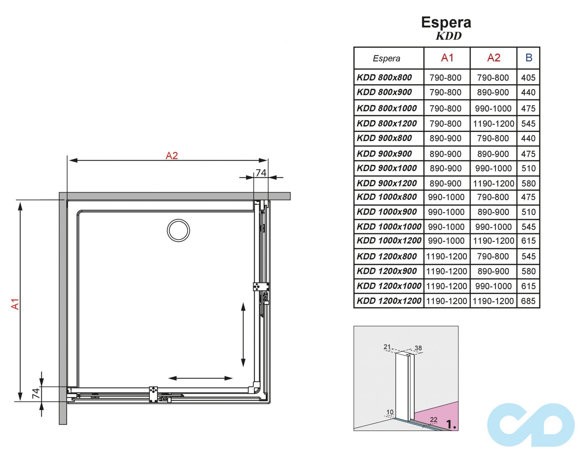 креслення Душова кабіна Radaway Espera KDD 120x120 (380153-01L + 380153-01R