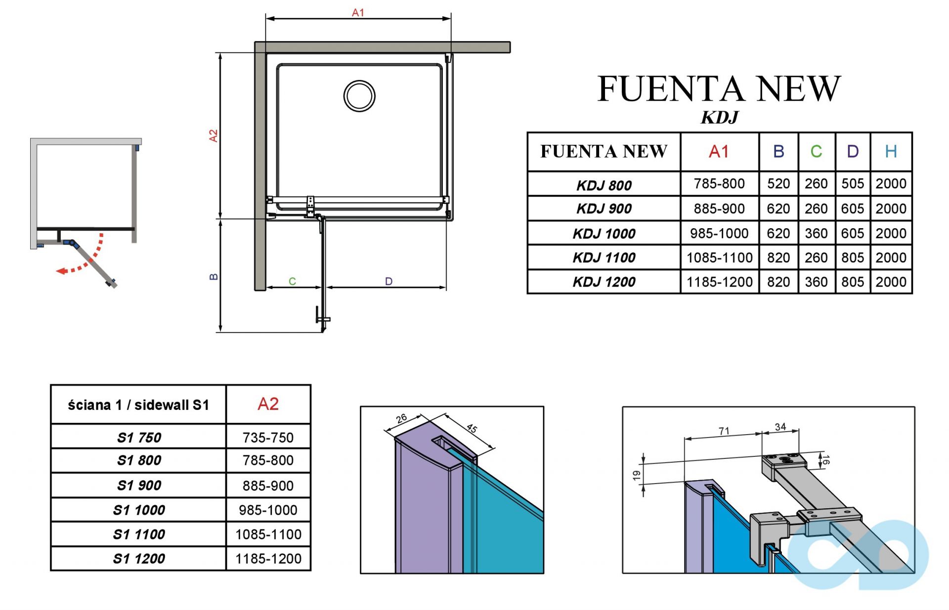чертеж Душевая кабина Radaway Fuenta New KDJ 120 + S1 120 (384042-01-01L + 384054-01-01)