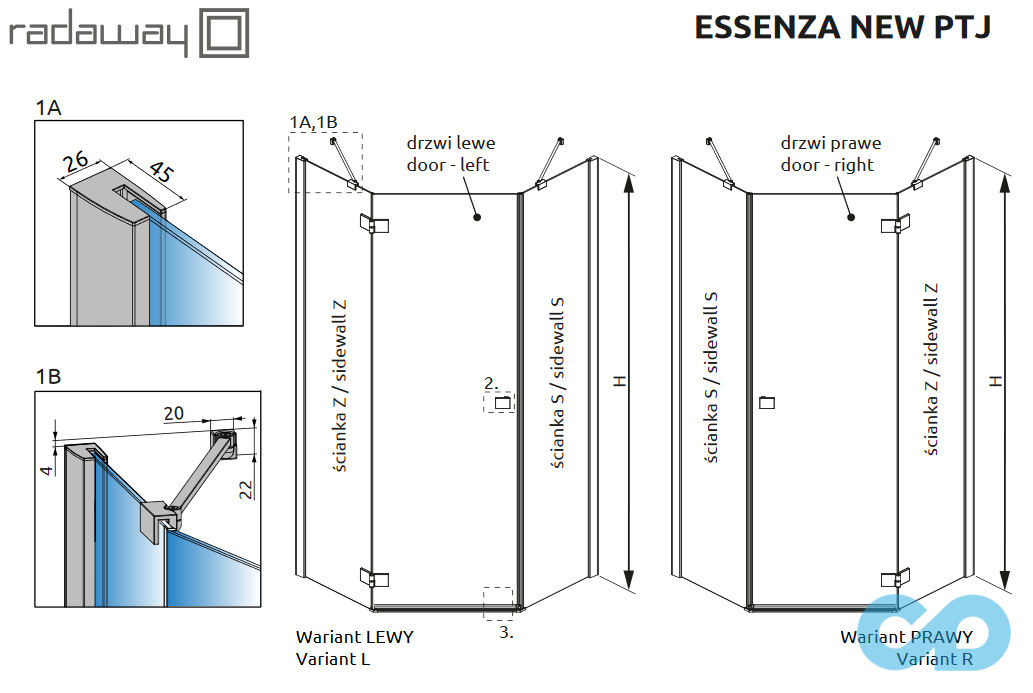техническая схема Душевая кабина Radaway Essenza New PTJ 90 (385010-01-01L + 385050-01-01)