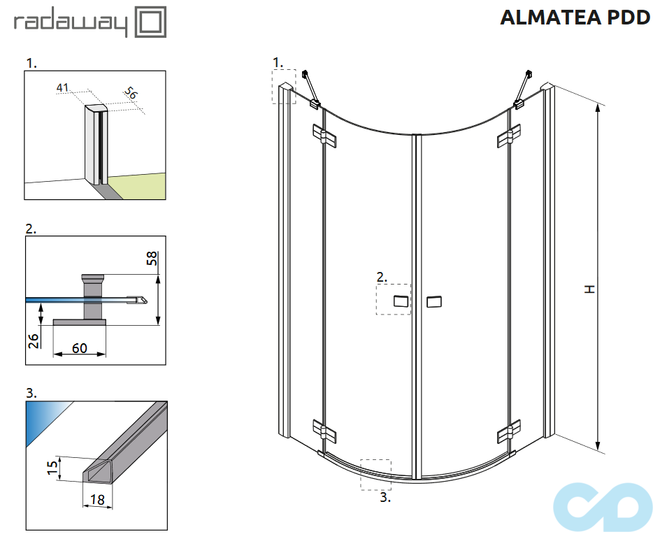 технічна схема Душова кабіна Radaway Almatea PDD 80 (30512-01-01N
