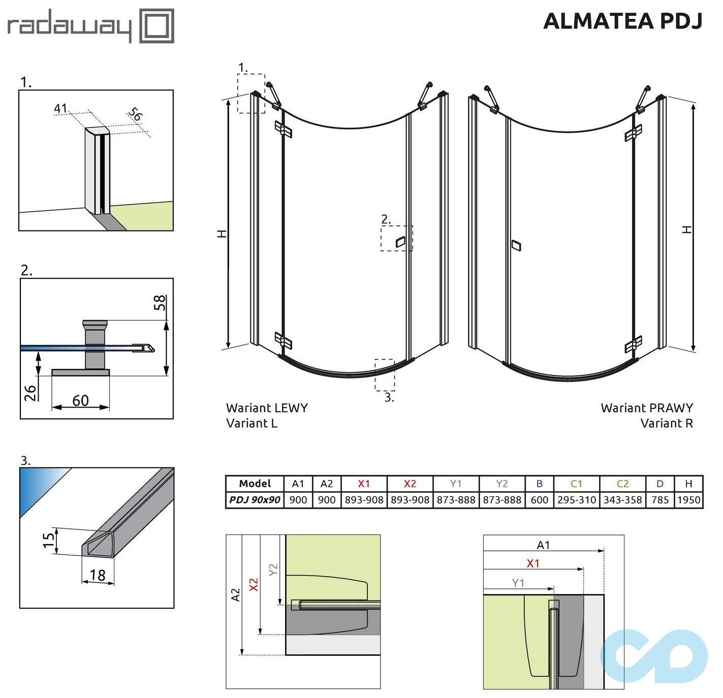 технічна схема Душова кабіна Radaway Almatea PDJ 90 (30602-01-01N