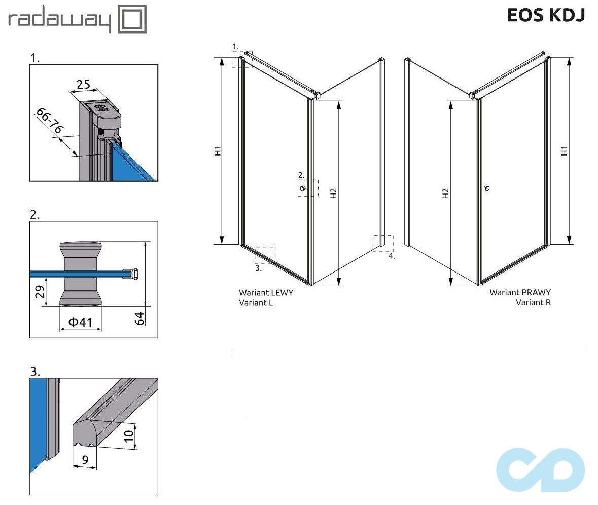 технічна схема Душова кабіна Radaway Eos KDJ 90x90 (37503-01-01NL