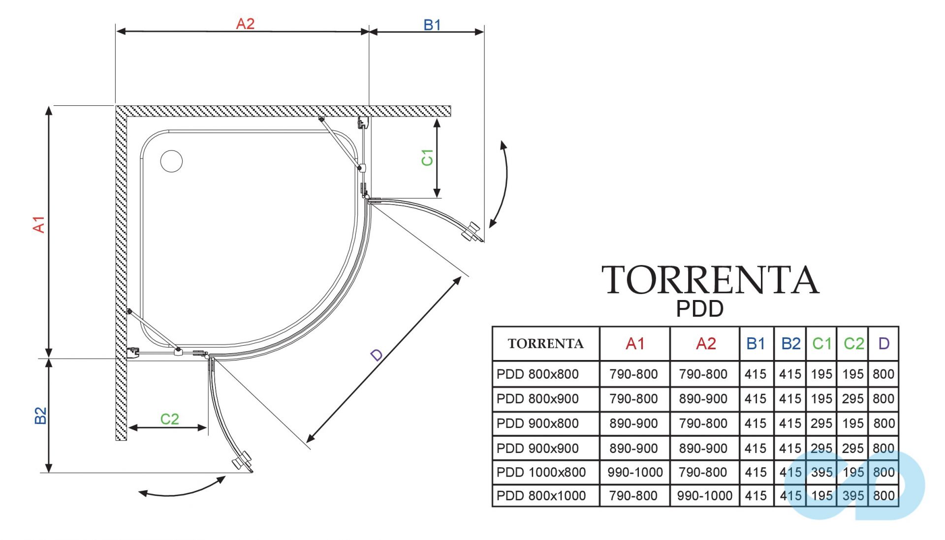 технічна схема Душова кабіна Radaway Torrenta PDD 90x80 31630-01-01N