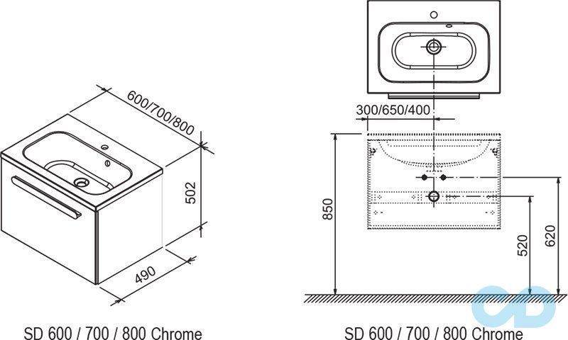 чертеж Тумба под умывальник Ravak Chrome SD 600 + умывальник Chrome 600 X000000530 + XJG01160000