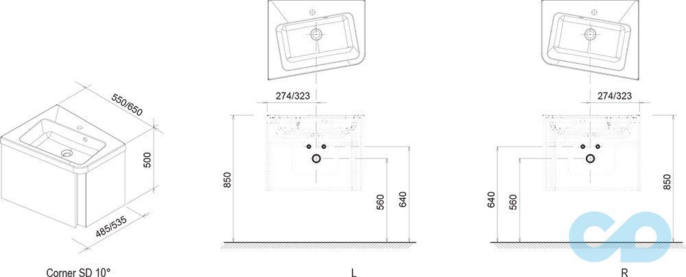 креслення Тумба Ravak 10 ° 550 + умивальник 10 ° 550 X000000739 + XJIL1155000