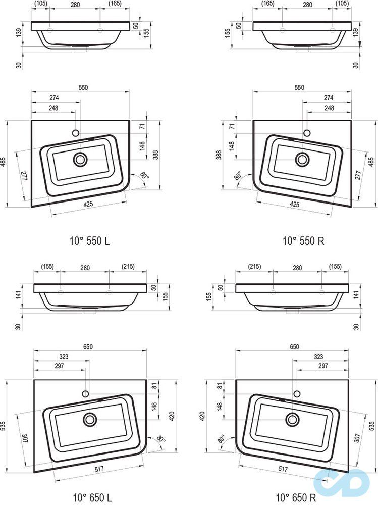 техническая схема Тумба Ravak 10° 550 + умывальник 10° 550 X000000739 + XJIL1155000