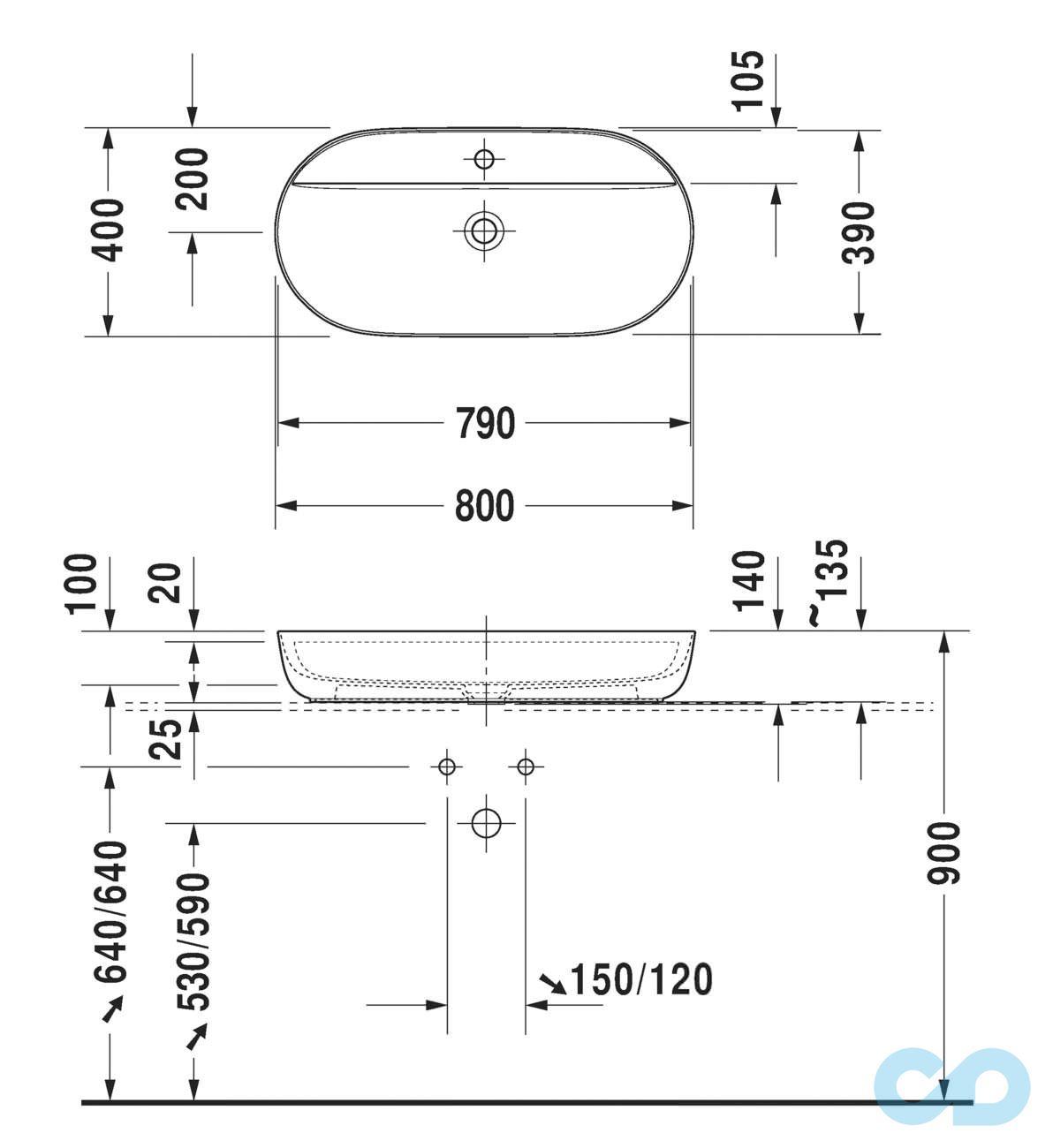 технічна схема Тумба з умивальником Duravit Luv LU9561 Blue, LU9466, 0380800000 з кварцовою стільницею