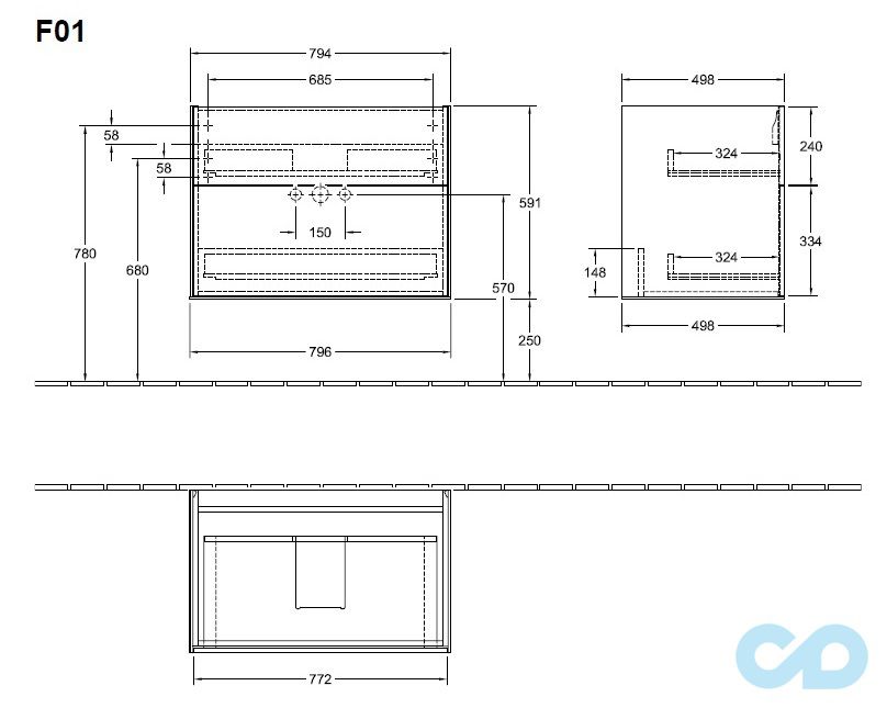 чертеж Тумба с раковиной Villeroy&Boch Finion F01 416480R1 