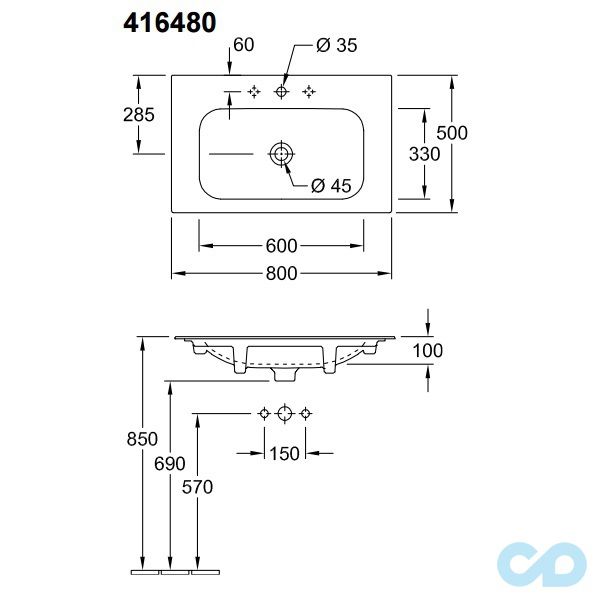 техническая схема Тумба с раковиной Villeroy&Boch Finion F01 416480R1 