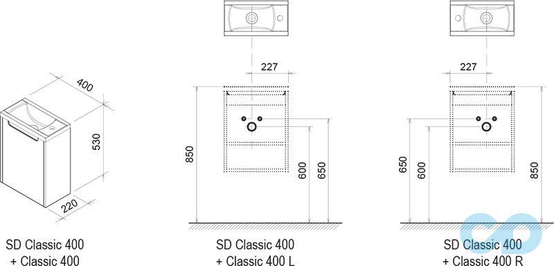 чертеж Шкаф Ravak SD Classic 400 + миниумывальник Classic 400 X000000416 + XJD01140000