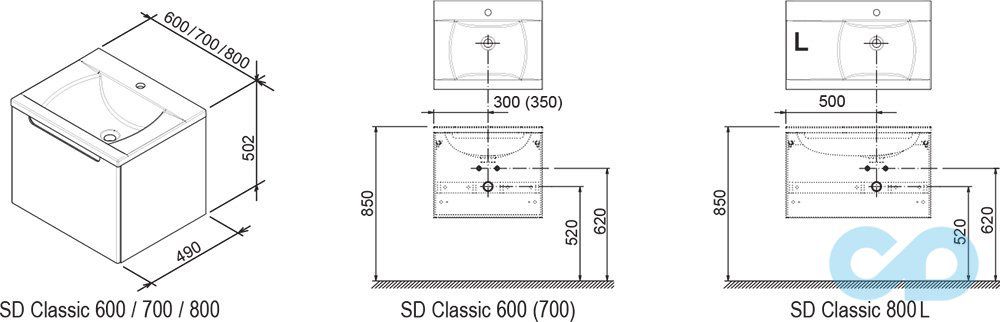 креслення Шафа Ravak SD Classic 600 + умивальник Classic 600 X000000347 + XJD01160000