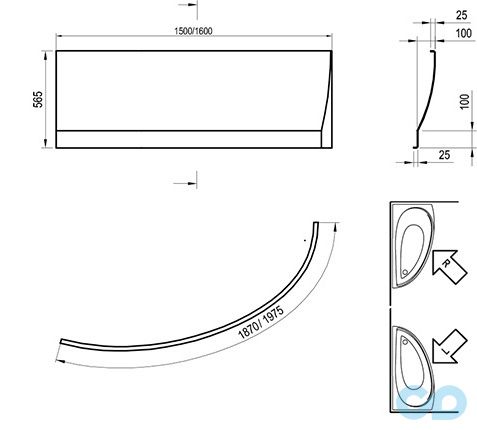 чертеж Панель для ванны Ravak Avocado 160 L CZQ1000A00