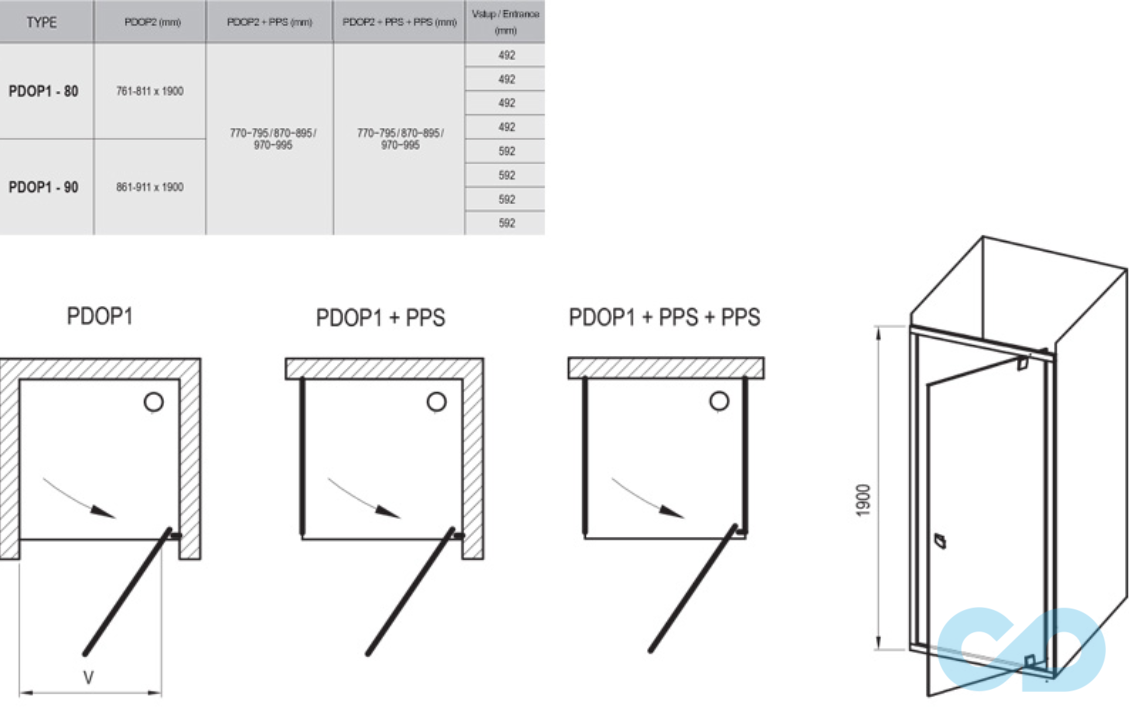 чертеж Душевые двери Ravak Pivot PDOP1-80 Transparent 03G40100Z1