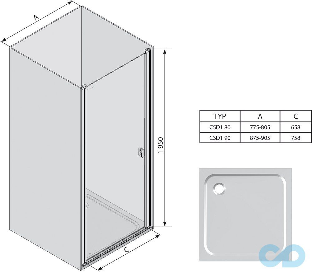 чертеж Душевые двери Ravak Chrome CSD1-80 0QV40C00Z1 полированный алюминий