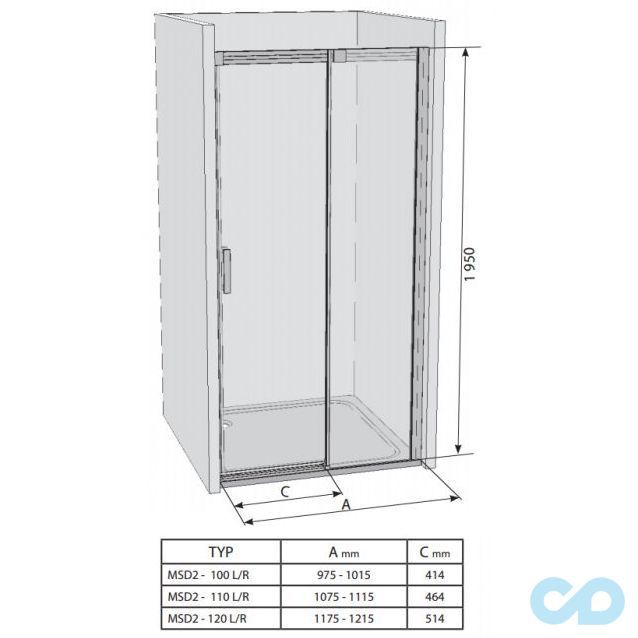 чертеж Душевые двери Ravak Matrix MSD2-100 0WLA0C00Z1 полированный алюминий + Transparent