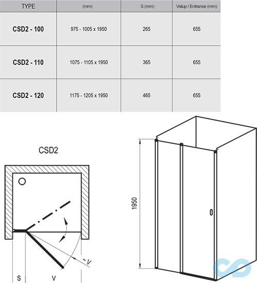 чертеж Душевые двери Ravak Chrome CSD2-110 0QVDC100Z1 белый + transparent