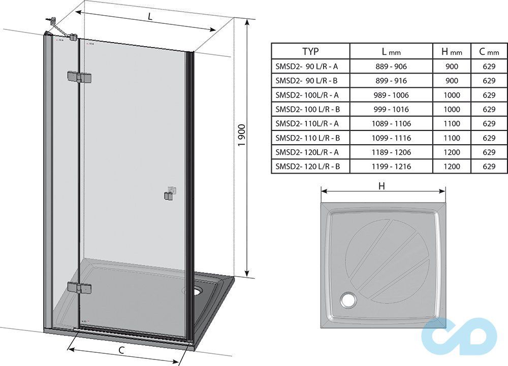 чертеж Душевые двери Ravak SmartLine SMSD2-120 (A) 0SLGAA00Z1