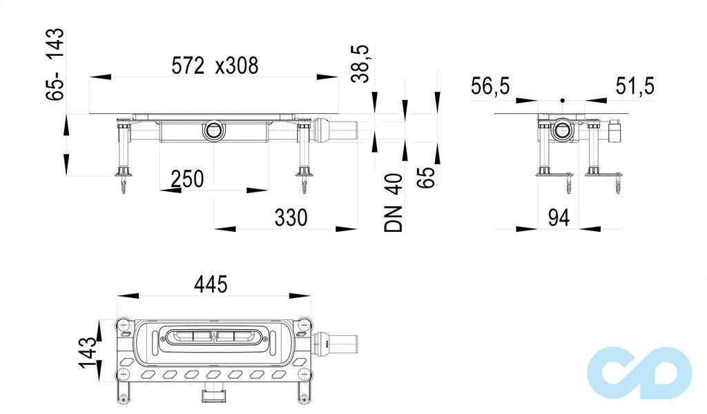 размер душевой канал hutterer & lechner infloor hl53kf с монтажной высотой 65 мм