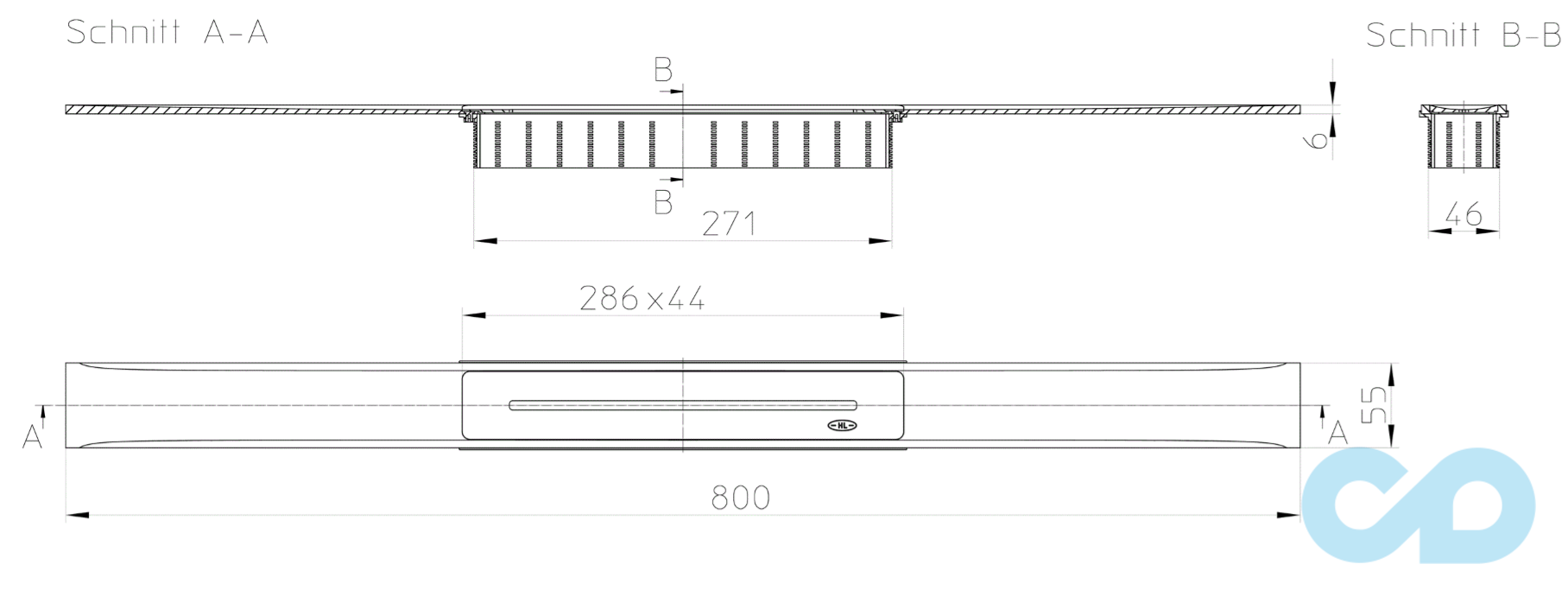 размер решётка душевого лотка hutterer & lechner infloor матовая 800мм hl053m/80
