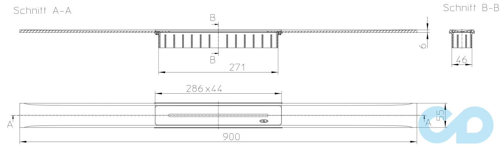 размеры решётка душевого лотка hutterer & lechner infloor матовая 900 мм hl053m/90