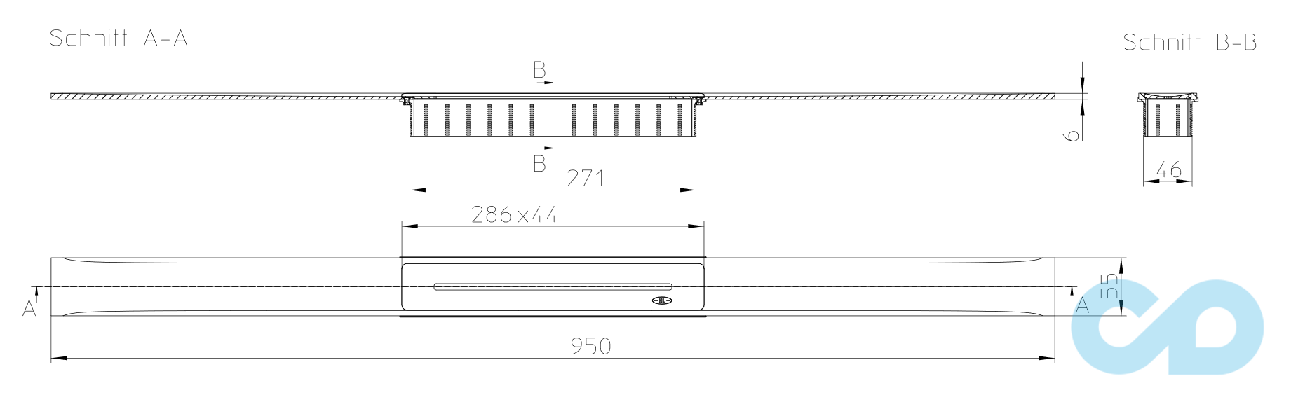 размер решётка душевого лотка hutterer & lechner infloor матовая 950 мм hl053m/95