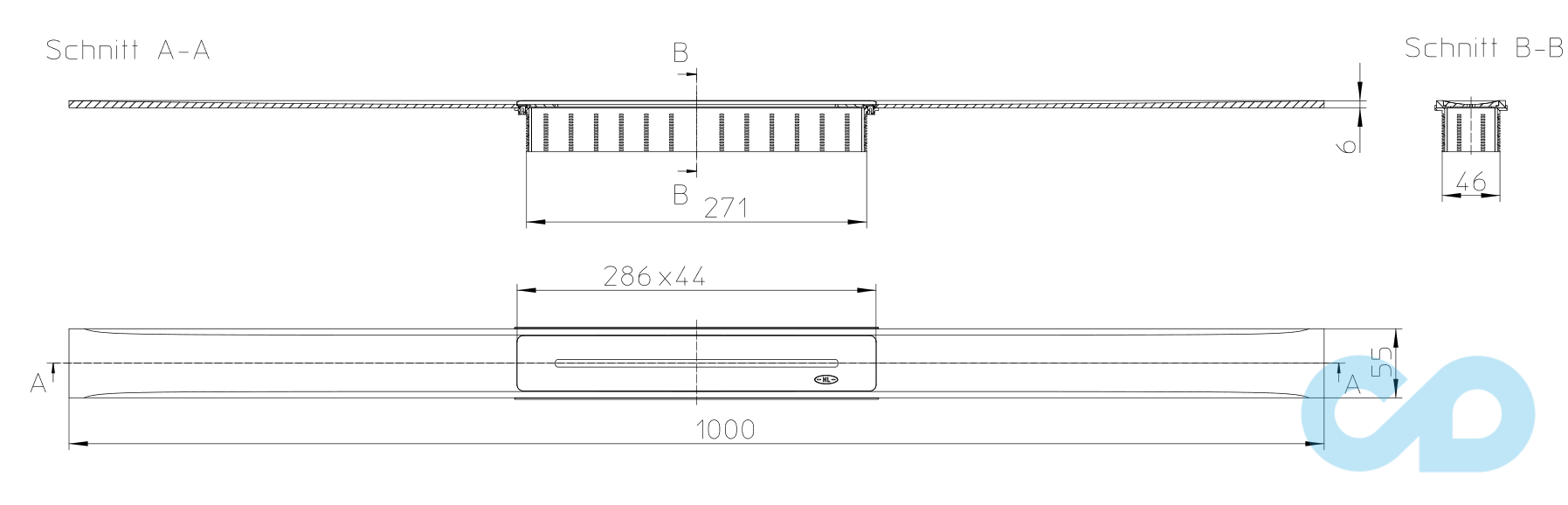 размер решётка душевого лотка hutterer & lechner infloor матовая 1000 мм hl053m/100