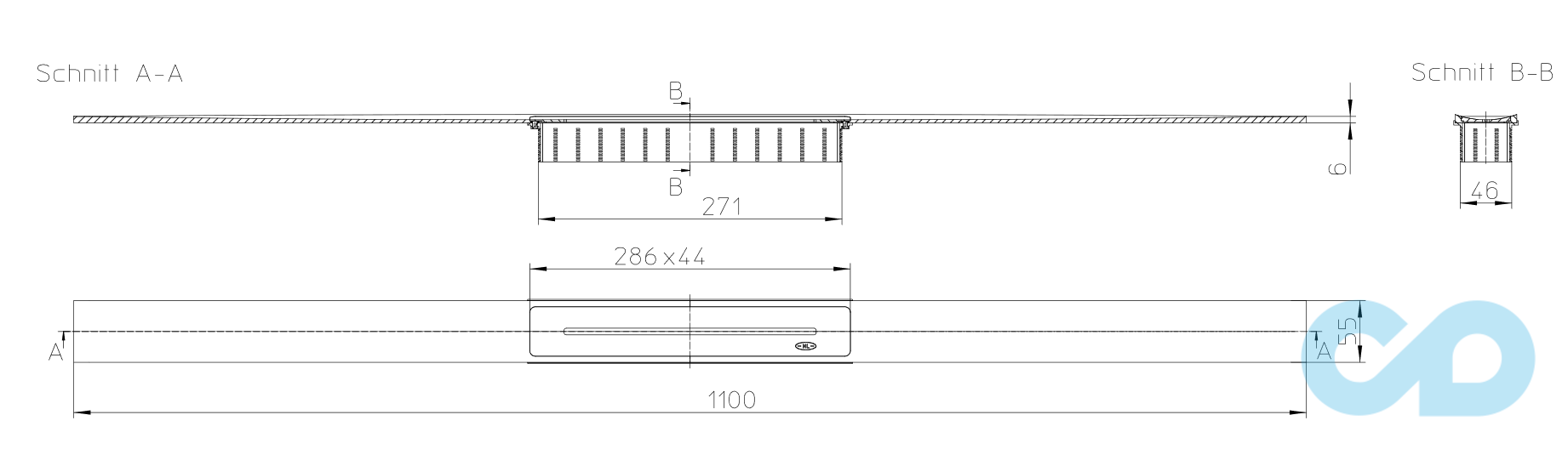 розмір решітка душового лотка hutterer & lechner infloor матова 1100 мм hl053m/110