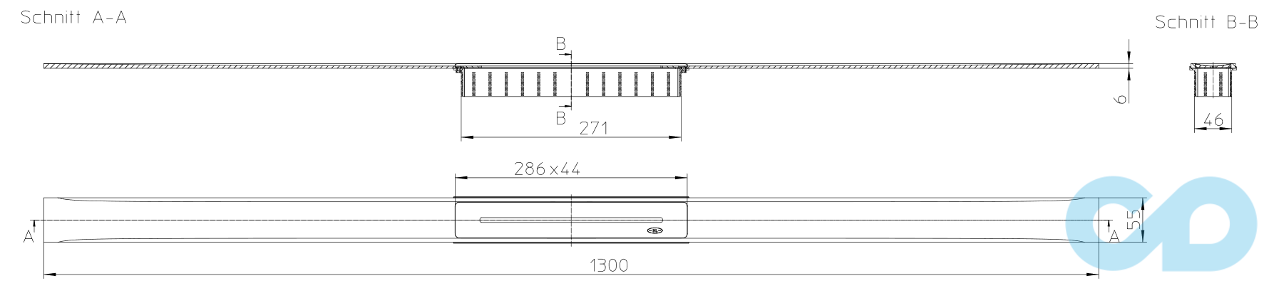 размер решётка душевого лотка hutterer & lechner infloor матовая 1300 мм hl053m/130