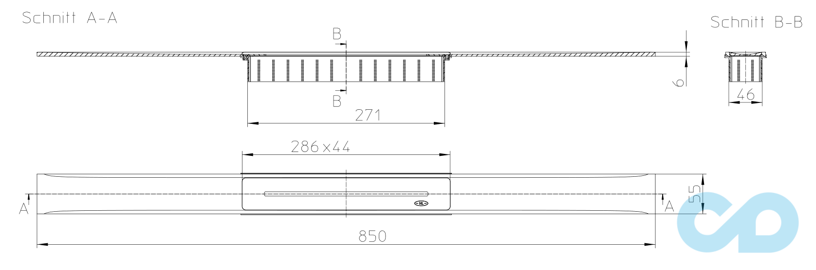 розмір решітка душового лотка hutterer & lechner infloor глянцева 850 мм hl053p/85