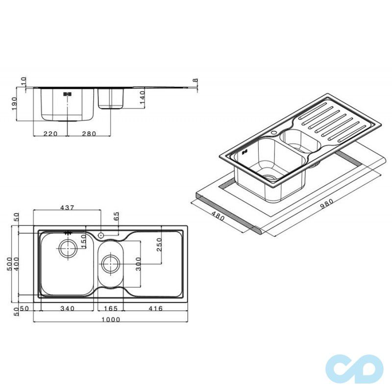 размеры кухонная мойка apell torino 1000 х 500 мм to1002ilbc левая