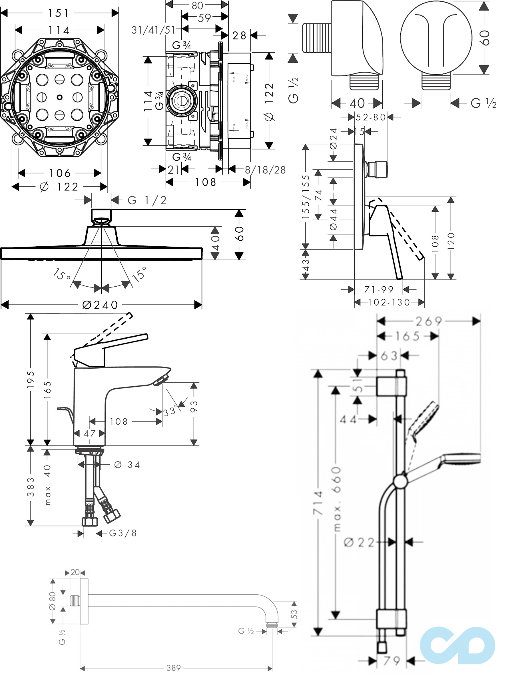чертеж Душевая система Hansgrohe Logis Loop 71264111
