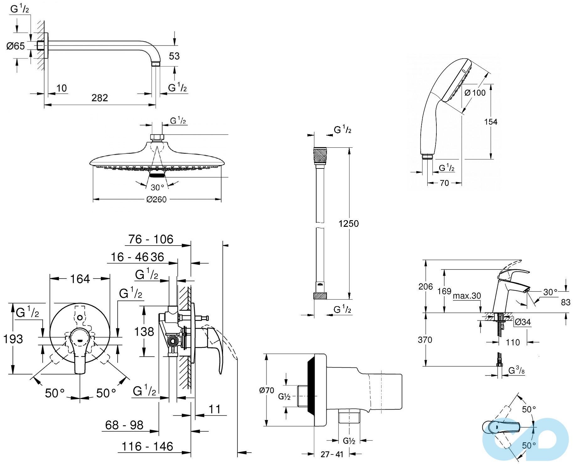 чертеж Душевая система скрытого монтажа + смеситель для раковины Grohe Eurosmart 25183005