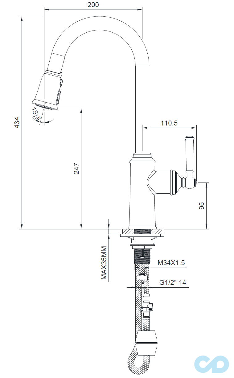 креслення Кухонний змішувач з висувним виливом Imprese Hydrant ZMK031806150