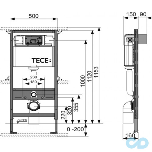 технічна схема Інсталяція TECE base з унітазом Villeroy & Boch Omnia Architectura 5684HR01 DirectFlush