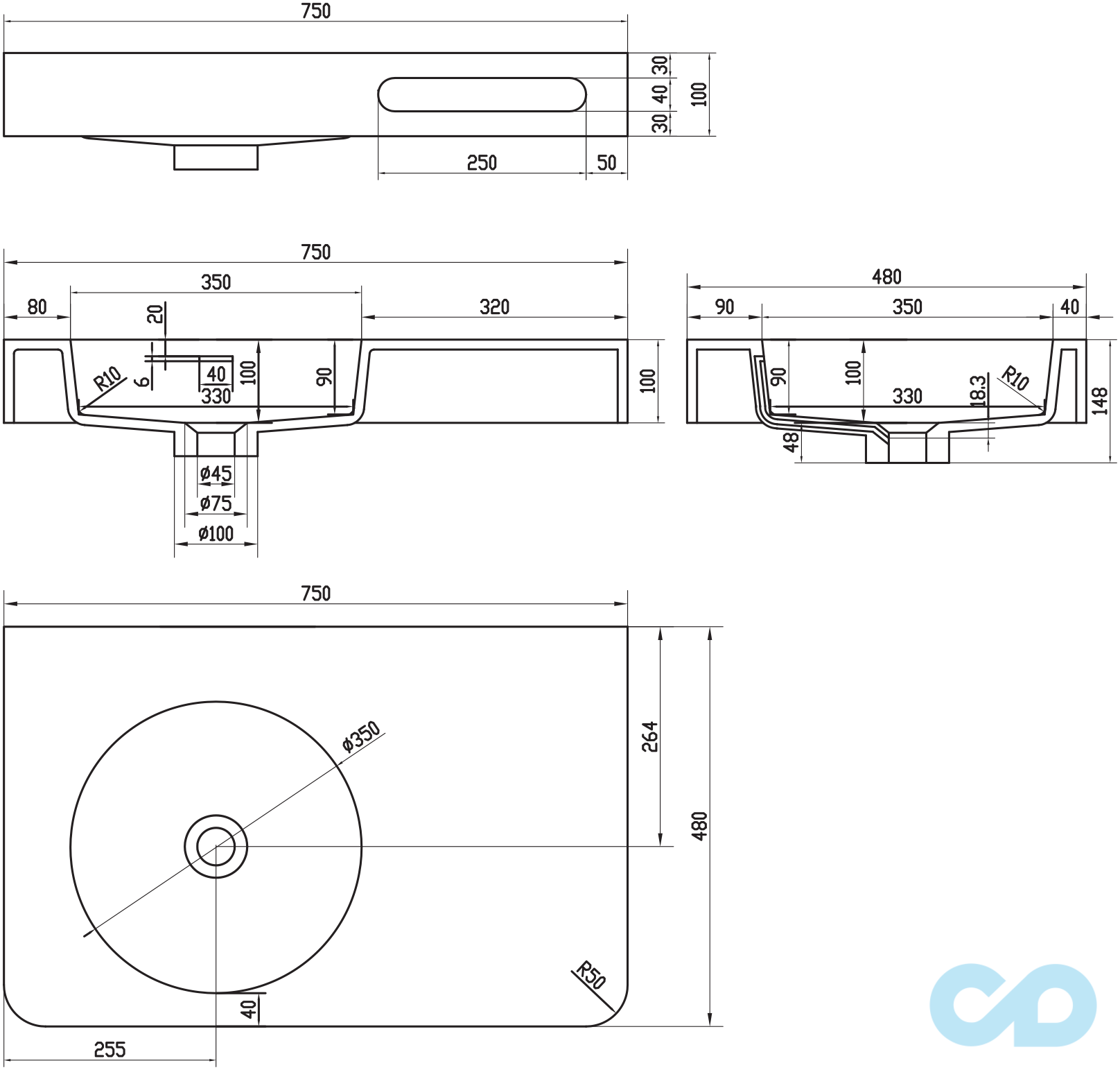 креслення Раковина-стільниця Volle Solid Surface 13-40-742