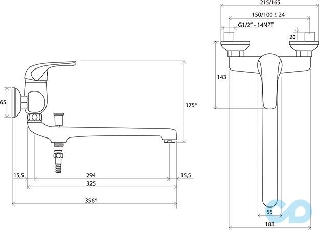 чертеж Смеситель для ванны Ravak Rosa RS 051.00/150 X07P002