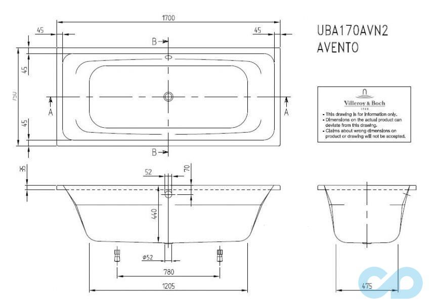 чертеж Ванна акриловая Villeroy&Boch Avento 1700x750 UBA170AVN2V-01