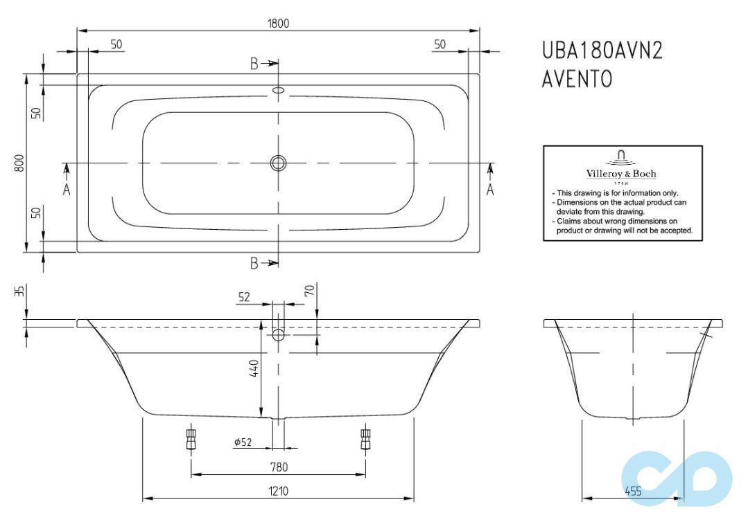 чертеж Ванна акриловая Villeroy&Boch Avento 180x80 UBA180AVN2V-01