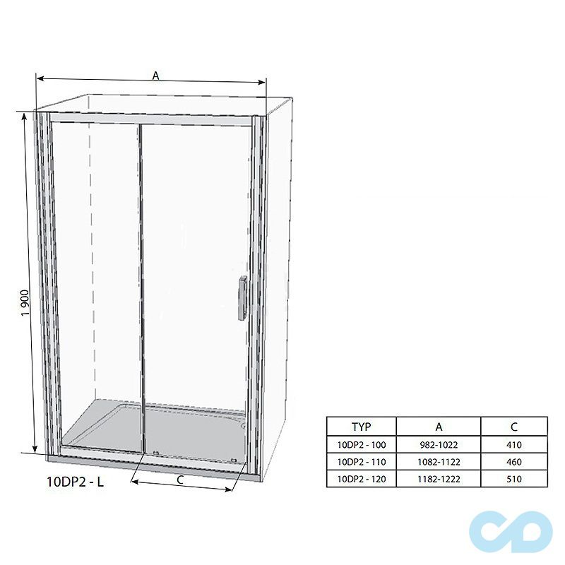 креслення Душові двері Ravak 10 ° 10DP2-100 0ZVA0C00Z1 полірований алюміній + transparent